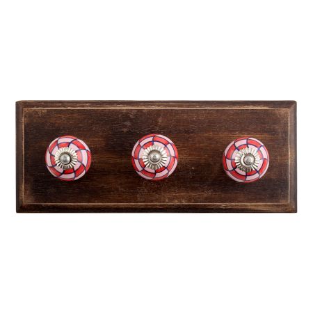 Pink Red Check Ceramic Wooden Hooks